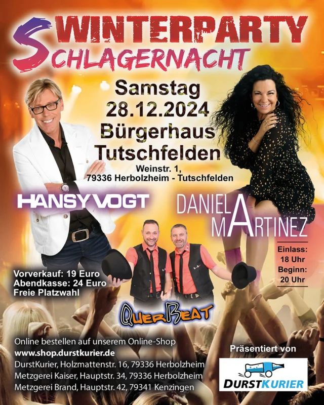 NEU! WINTERPARTY Schlagernacht 28.12.2024 🥳🍾🍻😍
jetzt Tickets sichern und gemeinsam mit @hansyvogt_official @daniela_martinez_official_ und @partyband.querbeat das Jahresende feiern. 

#winter #party #schlager #nacht #durstkurier #jahresende #gemeinsam #feiern #tutschfelden #herbolzeim #schlagermusik #tanzen #hansyvogt #DanielaMartinez #querbeat